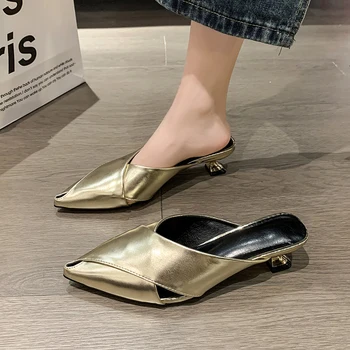 Модни дамски Обувки Baotou, летни Новости 2023, Универсални обувки Мюлер с остри пръсти на висок ток, сандали с малък ток
