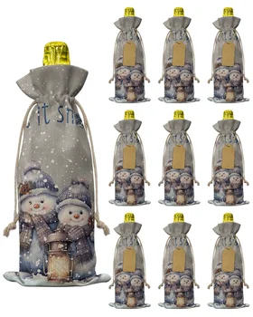 10шт Коледен Снежен човек Снежинка Чанта за бутилка вино с шнурком Декор Празнични Партита Капачки за бутилки вино Коледен Подарък