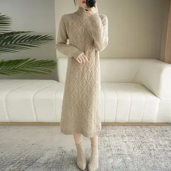 Дамски изолирана рокли 2023, есен-зима, Нови топли обикновена рокля с полувысоким яка, дамски ежедневни рокли корейската мода