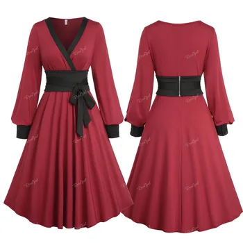 ROSEGAL Плюс размера на рокля в китайски стил с волани, рокля с ръкави-слонове и колан с лък, тъмно червена рокля с V-образно деколте, Vestidos 5XL