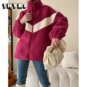 Якета свободни контрастни висока яка зърно кадифе имитация на овча вълна дамска мода ежедневни класически универсален топло палто