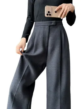 QOERLIN/ дамски Зимни флисовые панталони, широки прави панталони с висока талия, Корейската мода, Елегантни Офис Женски суров Топли панталони