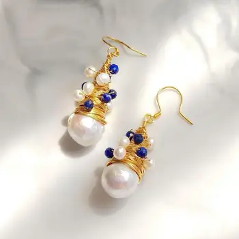 Lii Джи Сладководни перли, перли в стил барок, син лазурит, висящи обеци, луксозни бижута ръчна изработка със златен пълнеж