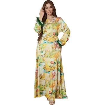 2024 Абайи за жени, Елегантна мюсюлманската рокля Макси-кафтан от абайи в Дубай, Жълто, Розово Оранжево-дълга рокля за парти, мюсюлманската рокля