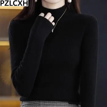 2023 Нов пуловер, женски новият есенно-зимния пуловер с висока воротом, свободен обикновен пуловер с ниско линия