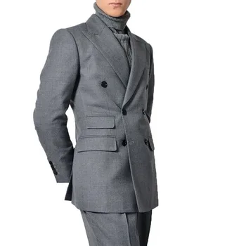 Сиви мъжки костюми Пълен комплект Без двубортный яке с остроконечным лацканом, 2 броя, яке, Панталон, сако, Елегантен костюм, дрехи обичайната дължина