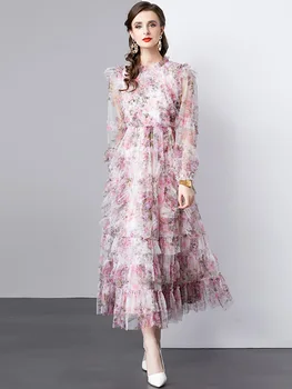 2024 Пролетта дизайнерски окото Макси рокля с флорални принтом, мрежести Рокли с дължина до модния подиум, за жени, вечерни Рокли за официални събития, елегантни рокли