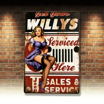 Нов твърд плакат Willys Service, знак Хубаво Момиче Cave Man, декорация на стените на гаража в ретро стил, метален декор на стените