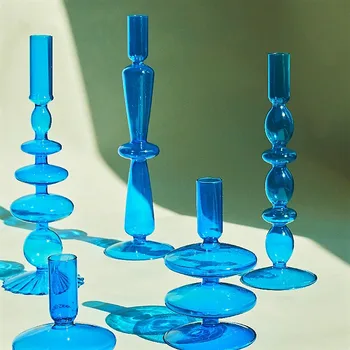 Сини ленти за свещници Ретро Стъкло Класически свещници, ръчна изработка на сватбени украси Стъклен свещник