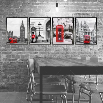 Щампи с гледки на Лондон, украса на червено телефонната будка, фотография, плакат на кралската гвардия на стената