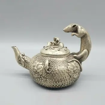 Изискан Древен китайски Тибетски сребърен съд за мишката ръчно изработени, Винарска гърне, чайник 8036