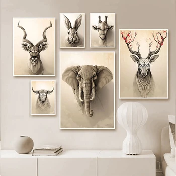 Реколта стенни художествени плакати с животни, Лъв, слон, Елен, Зебра, платно, живопис, графика, стенни картини за всекидневна, декориране на дома