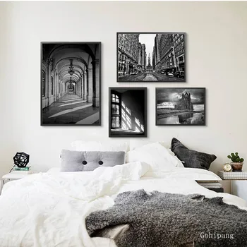 Платното в скандинавски стил, Абстрактен плакат, на черно-бели картини, градска улица-арт, Реколта стенни панели, интериор за хол