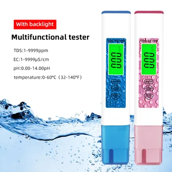 Дръжка за тестване на качеството на водата TDS с подсветка на екрана, дръжка за проверка на проводимост на ЕО, дръжка за измерване на температурата, PH-метър 4 В 1 тестер TDS за питейна вода