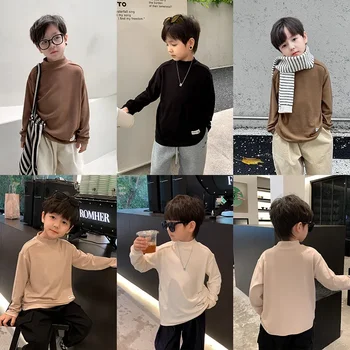 Есен-зима 2024, детски тениски със средна яка, модерен памук топъл пуловер с дълги ръкави за момчета