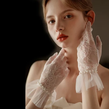 Френски Елегантни Прости Сватбени ръкавици Sweet Bride, Мрежести Къси ръкавици с перли, Дантелени ръкавици шаферките, Сатенени ръкавици, ръкавици за рокли