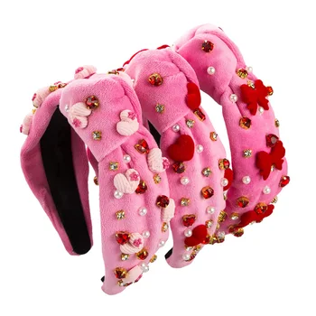 Еластични ленти за коса за Свети Валентин за момичета, розово кадифе руното превръзка на главата, с диаманти, перлена декорация във формата на сърце, висококачествени аксесоари за коса