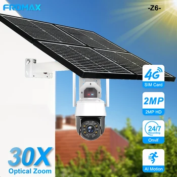 FRDMAX Безжична 4G Слънчева Камера Външна 7/24 Циклична Запис на 30-Кратно Оптично Увеличение на Onvif FTP 48 W Соларен Панел Cam 50 М Камера за Нощно Виждане Camhi