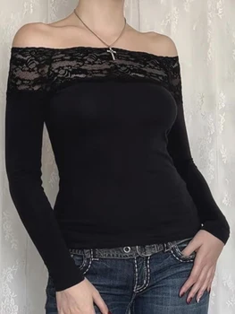 Дамски дантелен потник в стил мозайка с открити рамене, плътно прилепнали тениски с дълъг ръкав, реколта блузи с дълги ръкави в цветенце