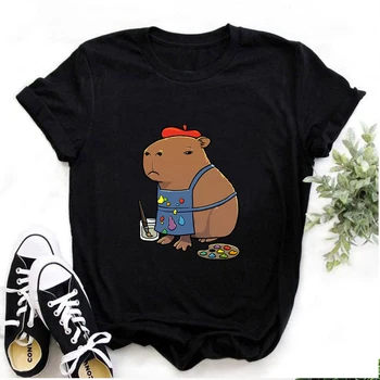 Тениска с принтом Capybara Artist Painter, Кавайная графична Ежедневни дамски тениска, Лятна Градинска Дрехи С Кръгло деколте и къс ръкав, Тениска Унисекс