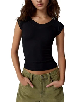 Дамски блузи с открити рамене, къс ръкав, V-образно деколте, обикновена тениска на райета, оборудвана принт, outdoor облекло