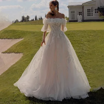 Елегантна лейси апликация с открити рамене, сватбени рокли трапецовидна форма в стил бохо за младоженци, зашити на поръчка в 2024 година Rode De Morrie