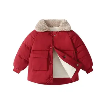 Зимна Нова яке за малки момчета и момичета, однотонная подплата, Дебели плюшени изолирана палто за деца 2-6 години, памучно палто с флисовым ревера