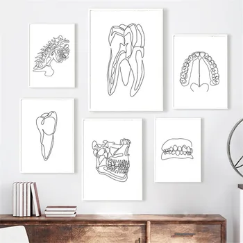 Снимка на зъболекар, стенни пана, интериор на кабинет, Линия от анатомията на човека, зъби, абстрактно платно, плакат, изкуството на дентална клиника