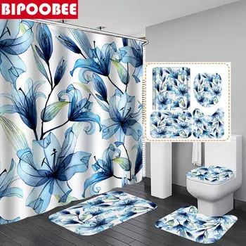 Завеса за душ с големи сини цветя, цветни завеси за баня, Капака на тоалетната чиния, Нескользящий килим, Влакчета, Постелки за баня, Комплект постелки за баня