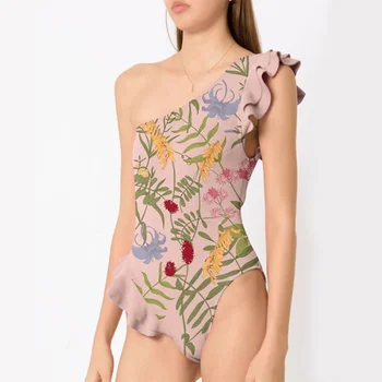 Комплект на бански костюми с къдри на едно рамо, дамски дрехи за сърфинг, празнична плажна рокля, бански-бикини, дамски бански костюм