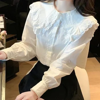Есенно-зимни скъпа Елегантен Бял памучен риза за жени, Новата модерна блуза, Корейски топ с яка 