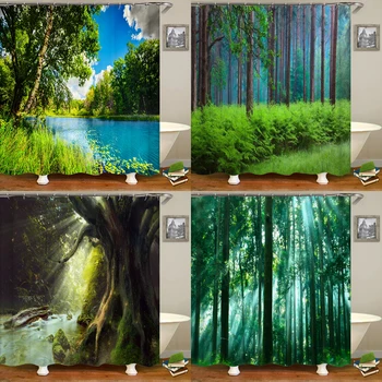 Тъканта завеса за душ с гледката на Девствена гора, дървета, пейзаж, 3D печат, полиестерни водонепропусклива завеса за баня с декор куки