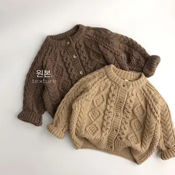 Пуловер, палто, Корея, нова ежедневни Детски дрехи, Пуловер, за момчета и момичета, вязаный, с отворена пуговицей, в клетката, с дълъг ръкав, топъл