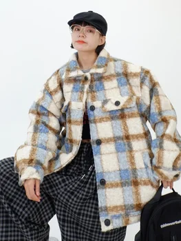 Цветна клетчатая вълнена памучен яке за жени за зимата 2023 г., нови свободни изолирана палто в корейски стил ретро