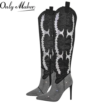 Onlymaker, женски ботфорты над коляното с остри пръсти и кристали, дамски блестящи зимни обувки на висок ток със страничен цип.
