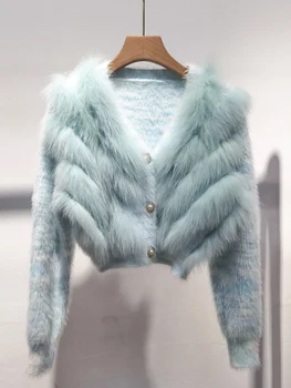 Жена с жилетка-пуловер 2023 Нов Кратък жилетка-пуловер от естествено лисьего мохера в стил мозайка Безплатна доставка