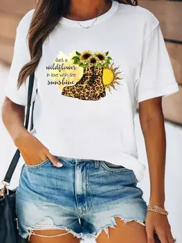 Жена леопардовый цвете, тренд 90-те, Пролетната мода, лятна дамска тениска с принтом, женска тениска с къс ръкав с графичен дизайн