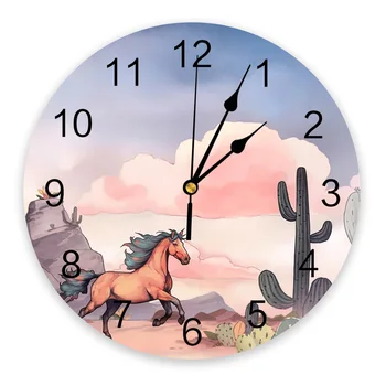 Стенен часовник с изображение на конски кактуси и облаци, безшумни цифрови часовници за декорация на дома, спални, кухни, окачени часовници