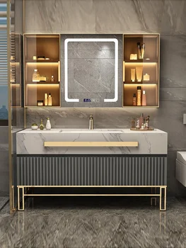 Модерен минималистичен Набор от тоалетни принадлежности за баня Лека Луксозна панел от изкуствен камък Шкафове за баня от масивно дърво Мивка
