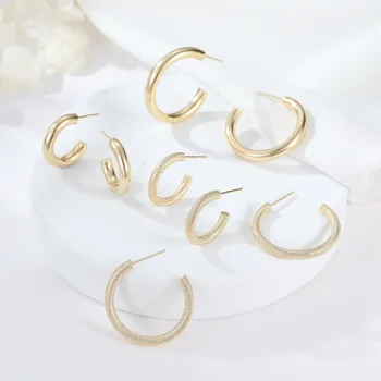 Модни прости обеци с С-образна конци и гладка на половина пръстени за жени, сребърни обеци-игли S925,