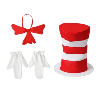 3шт Cosplay костюм с елегантен папийонка, шапка в червено и бяло райе, бели ръкавици, директна доставка