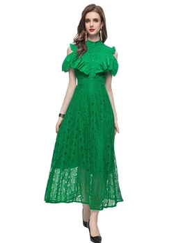 Жена Ново Качество на Лятното модно Зелено Червено вышитое Отворено Луксозно Елегантна Вечерна Дълга рокля с открити рамене