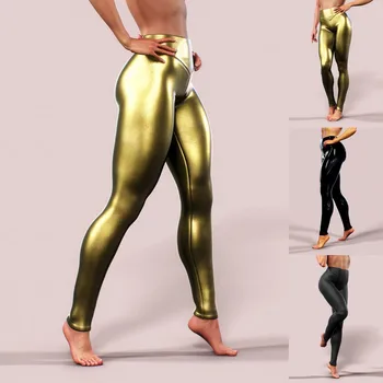 Дамски ярки кожени ластични панталони, гамаши, с V-образна талия, панталони за йога панталони