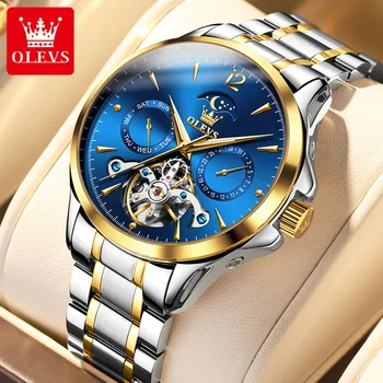 Оригинални мъжки автоматично механични ръчни часовници OLEVS От водещия на луксозна марка, водоустойчив и светещи мъжки часовници с турбийоном и скелетоном