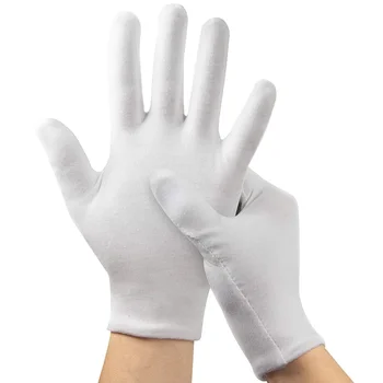 12 чифта Памучни Бели Ръкавици Церемониални Еластични Ръкавици За Домашно Почистване на Работа Охрана, Сервитьори Монета Пълен Пръст Сухи Ръкавици За Ръце