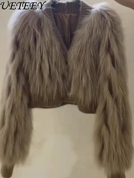 Утолщенное топло вязаное палто с елегантна шевове и V-образно деколте, секси Есенно-зимно палто 2023 г., Пухкава жилетка в стил мозайка с нов дизайн.