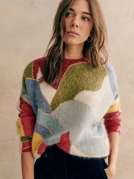 Жена есенен Топъл пуловер с принтом Вратовръзка Боядисват, всекидневни вязаный пуловер с кръгло деколте и дълъг ръкав, модерен женски жилетка за улични тържества и партита