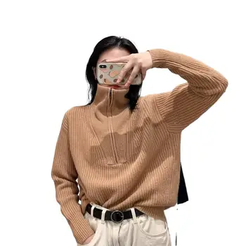 Дамски пуловери Есен-Зима Нов дебел вълнен вязаный пуловер с цип, от естествена вълна