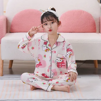 Аниме Серия Sanrio Дамски Пижами Hello Kitty Kuromi Cinnamoroll За момичета Пролетно Свободна Домашно Облекло Комплект от 2 теми на Детски Дрехи