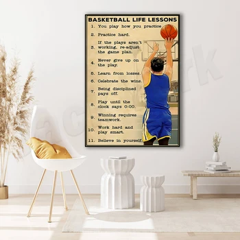 Плакати с уроци баскетболна живот, спортни вдъхновяващи щампи баскетболен изкуство, работа в екип и устойчивост, спортни подаръци